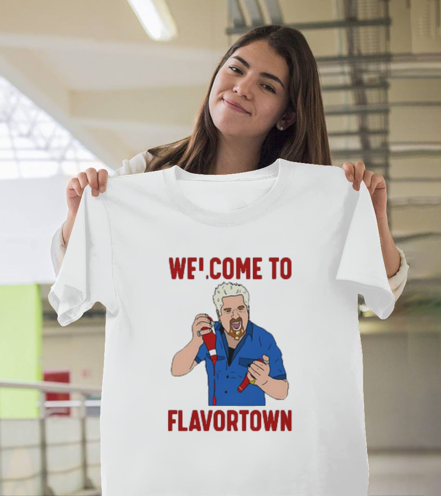 WECOME TO FLAVORTOWN Flavortown Guy Character Cartoon Blue Shirt Red Bottles T-Shirt