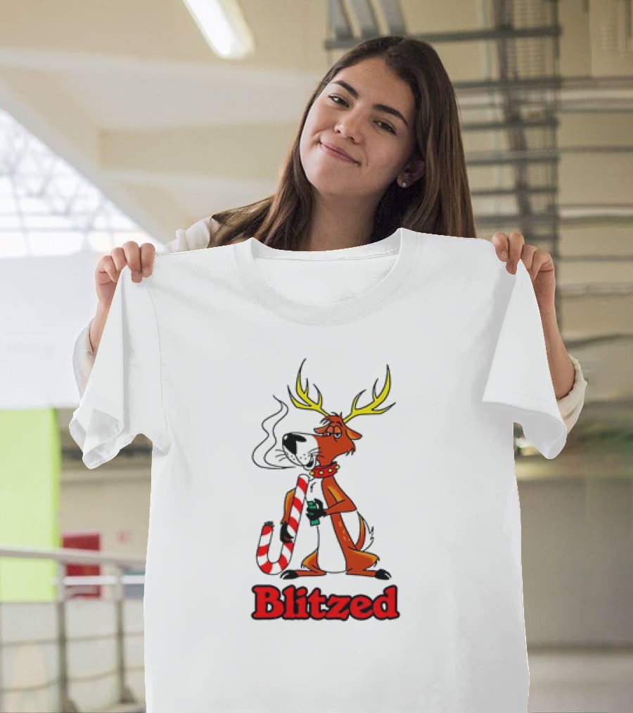 Blitzed Reindeer With Candy Cane And Holiday Cheer T-Shirt