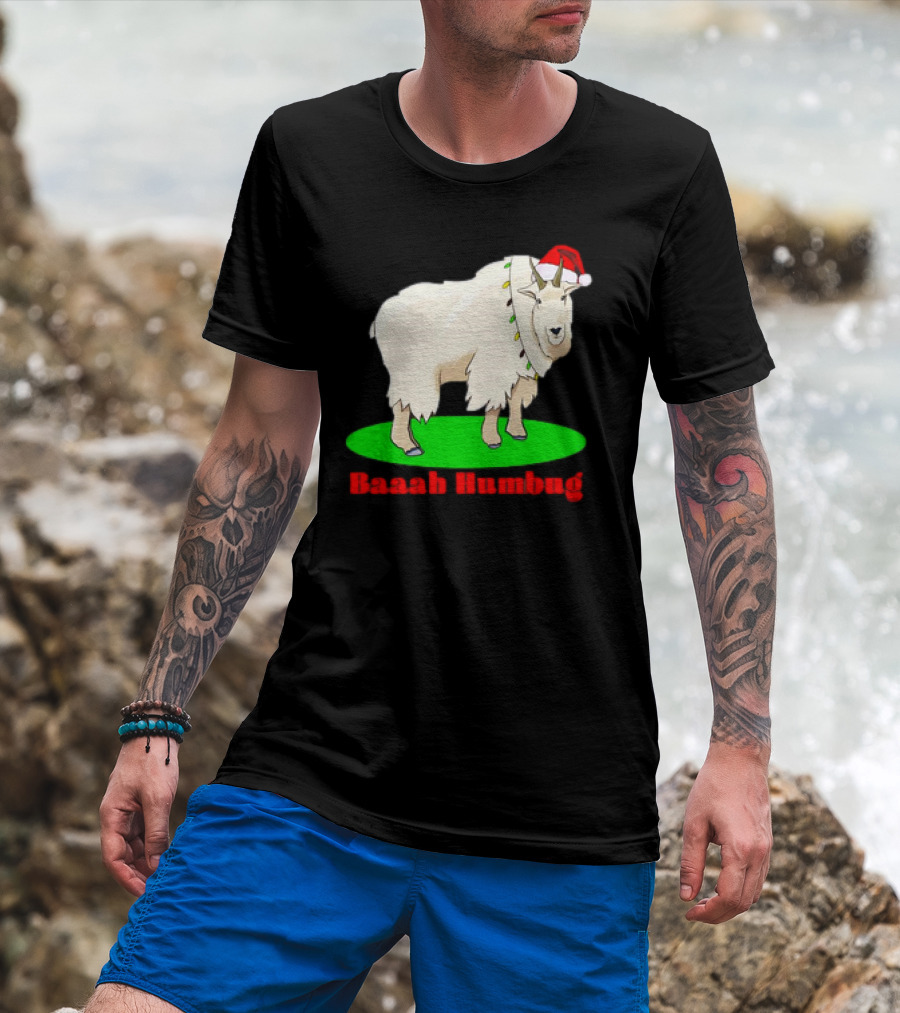 Baaah Humbug Goat With Santa Hat Holiday Lights T-Shirt
