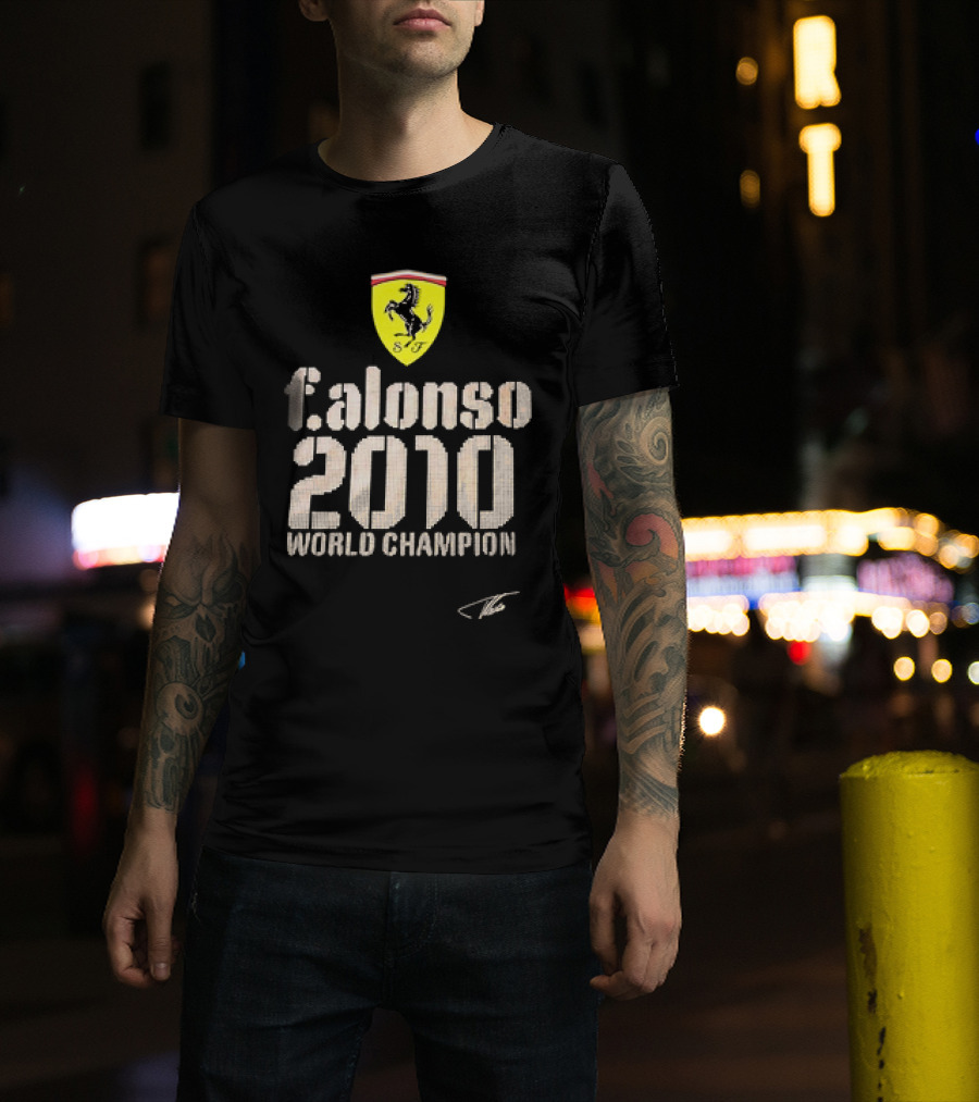 Ferrari F Alonso 2010 World Champion Vintage Logo Yellow Horse Badge T-Shirt
