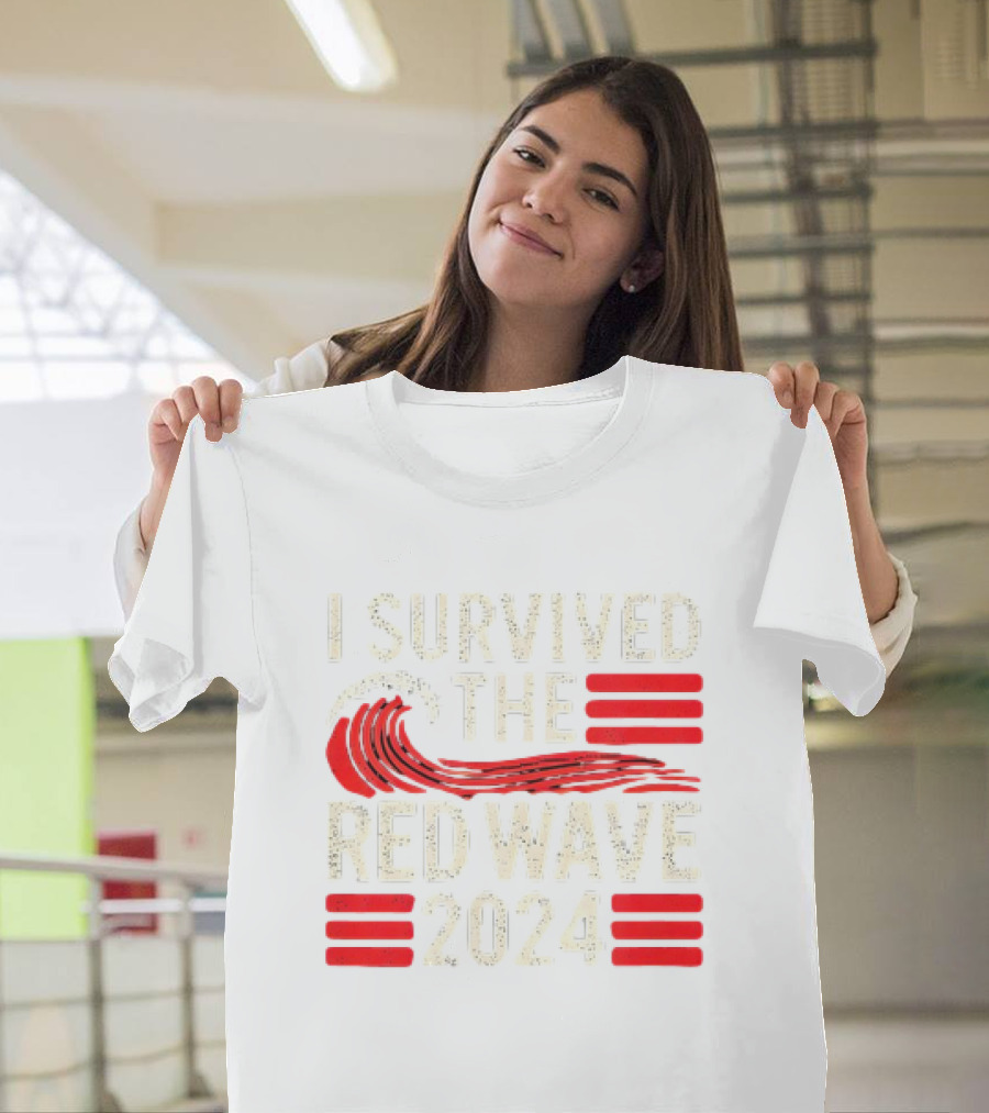 I Survived the Red Wave 2024 with Bold Red Wave and Stripe Symbols T-Shirt