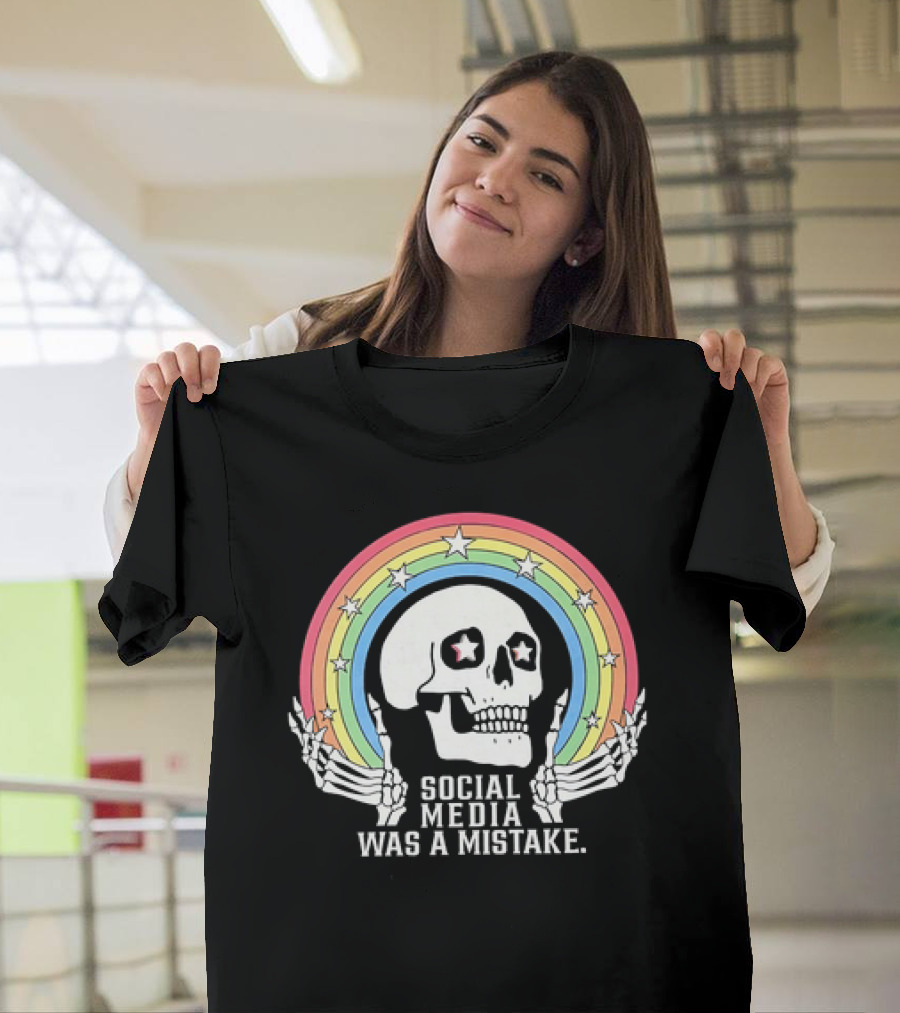 Skull Social Media Was a Mistake Rainbow Retro Stars T-Shirt