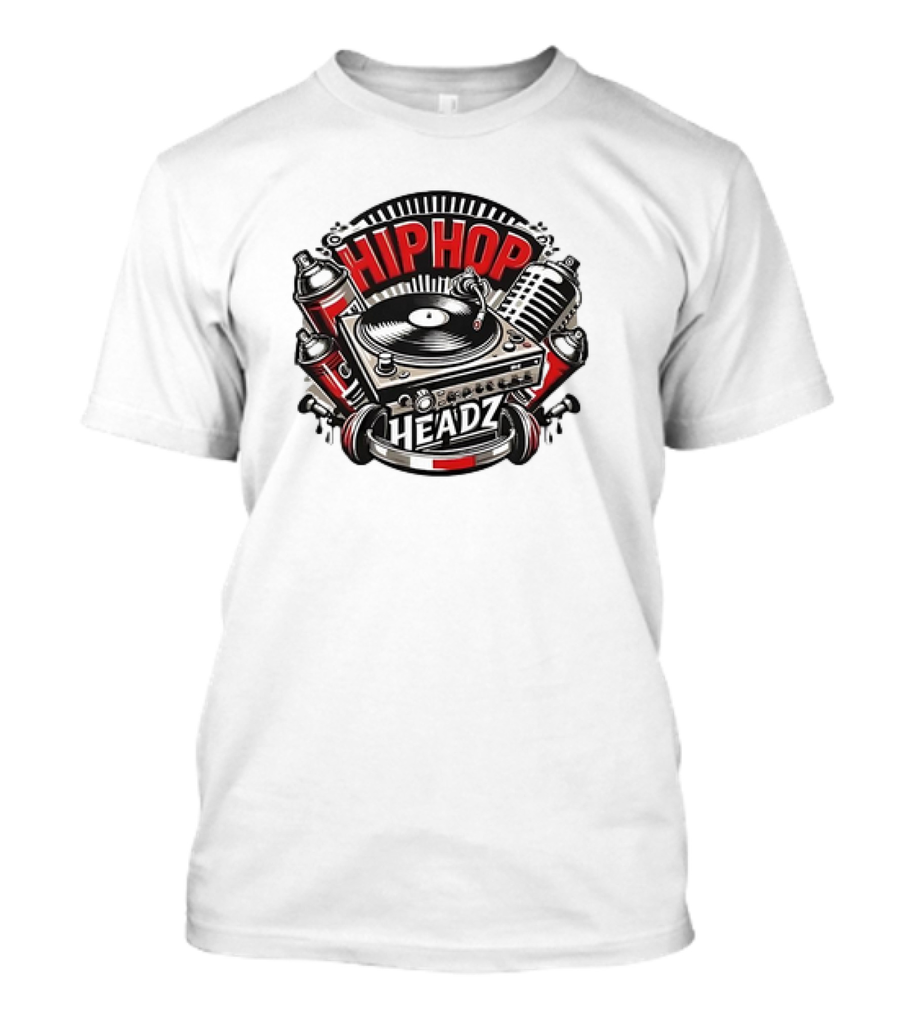 Hip Hop Headz Vinyl Record Player Turntable Spray Cans Microphone T-Shirt