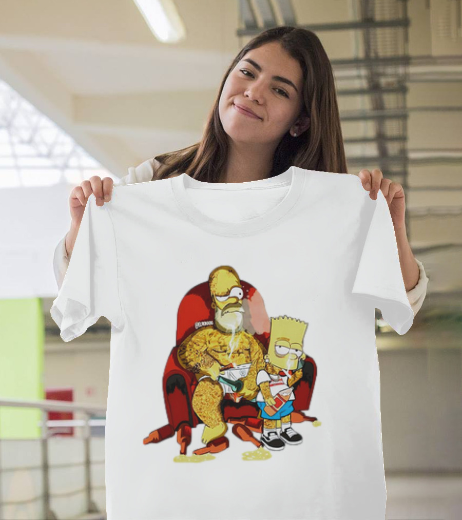 Homer Simpson Bart Simpson Gangster Smoking Money Sitting Chair T-Shirt