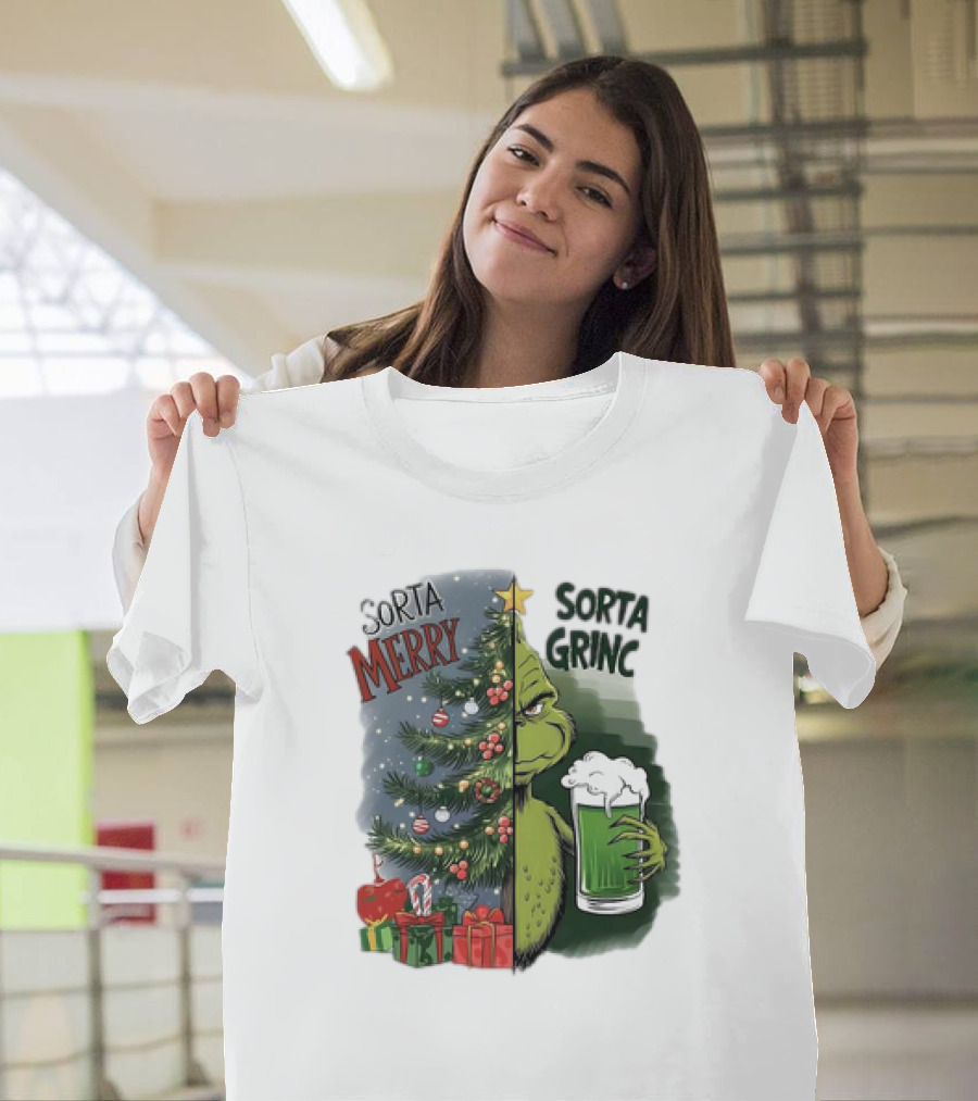Sorta Merry Sorta Grinch Christmas Tree and Green Drink T-Shirt