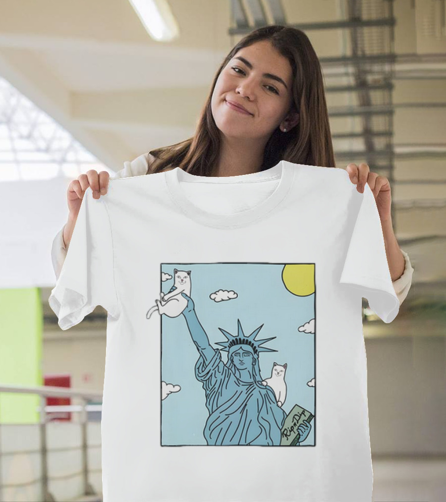 Statue Of Liberty With Cats And Rip N Dip Clouds T-Shirt