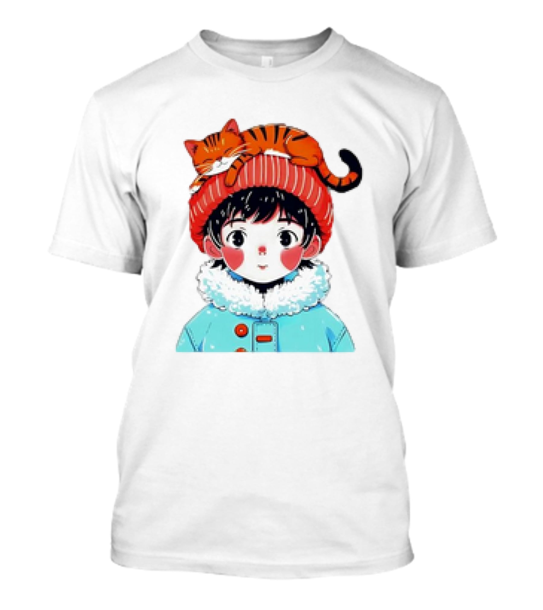 Cute Anime Child In Winter Coat With Adorable Cat Hat T-Shirt