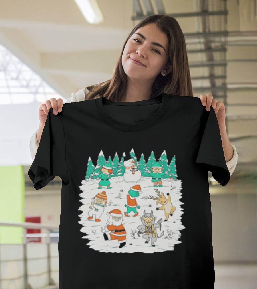 Christmas Dance Party with Santa, Krampus, Grinch, Snowman, and Reindeer in Winter Forest T-Shirt