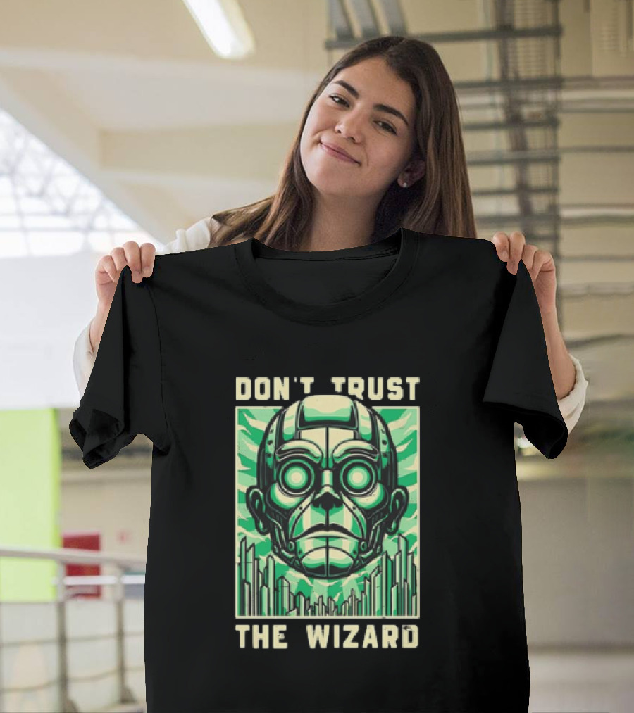 Don't Trust the Wizard Futuristic Metallic Face with Green Shards T-Shirt