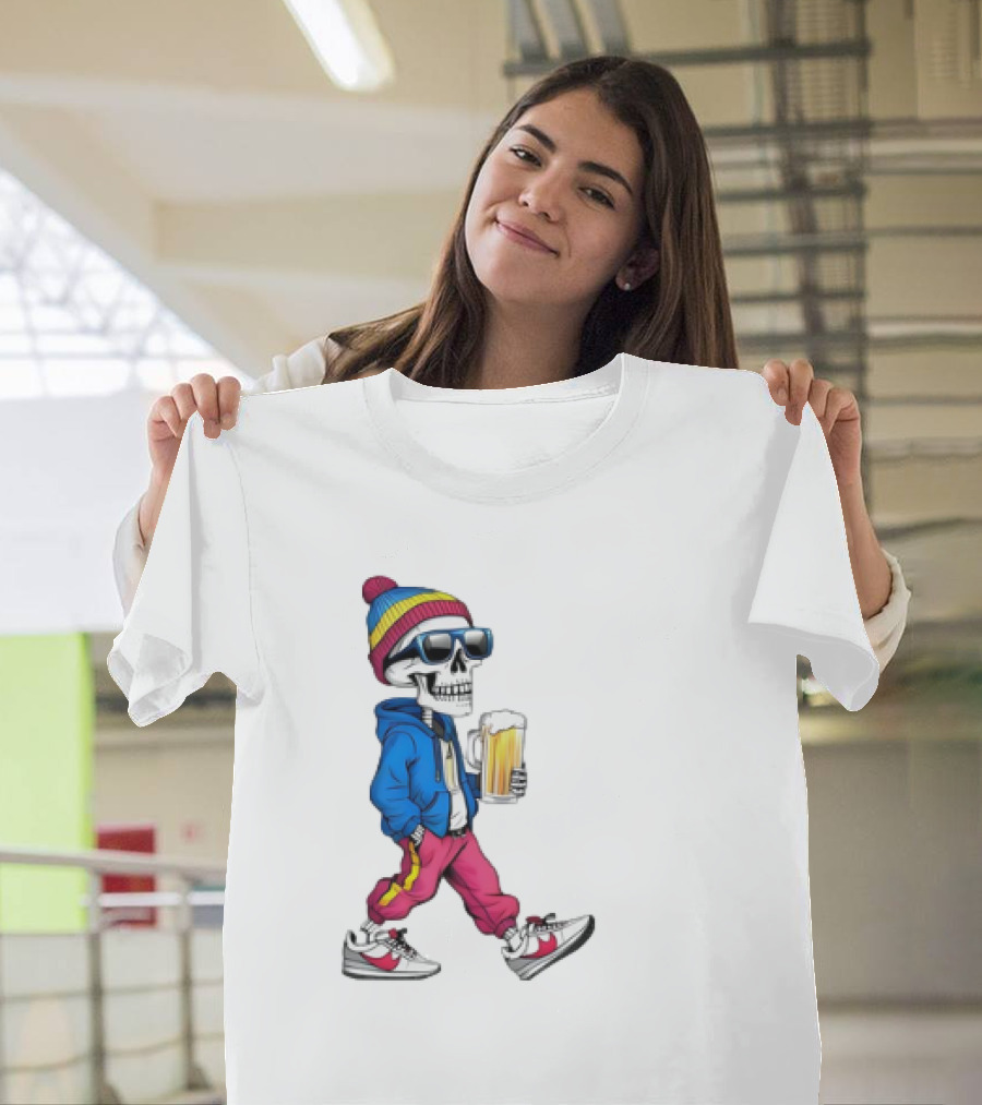 Skeleton Somewhere It's Beer Time Walking with a Mug T-Shirt