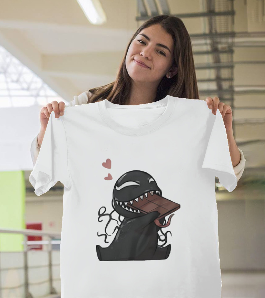 Venom Eating Chocolate Cartoon Meme With Hearts T-Shirt