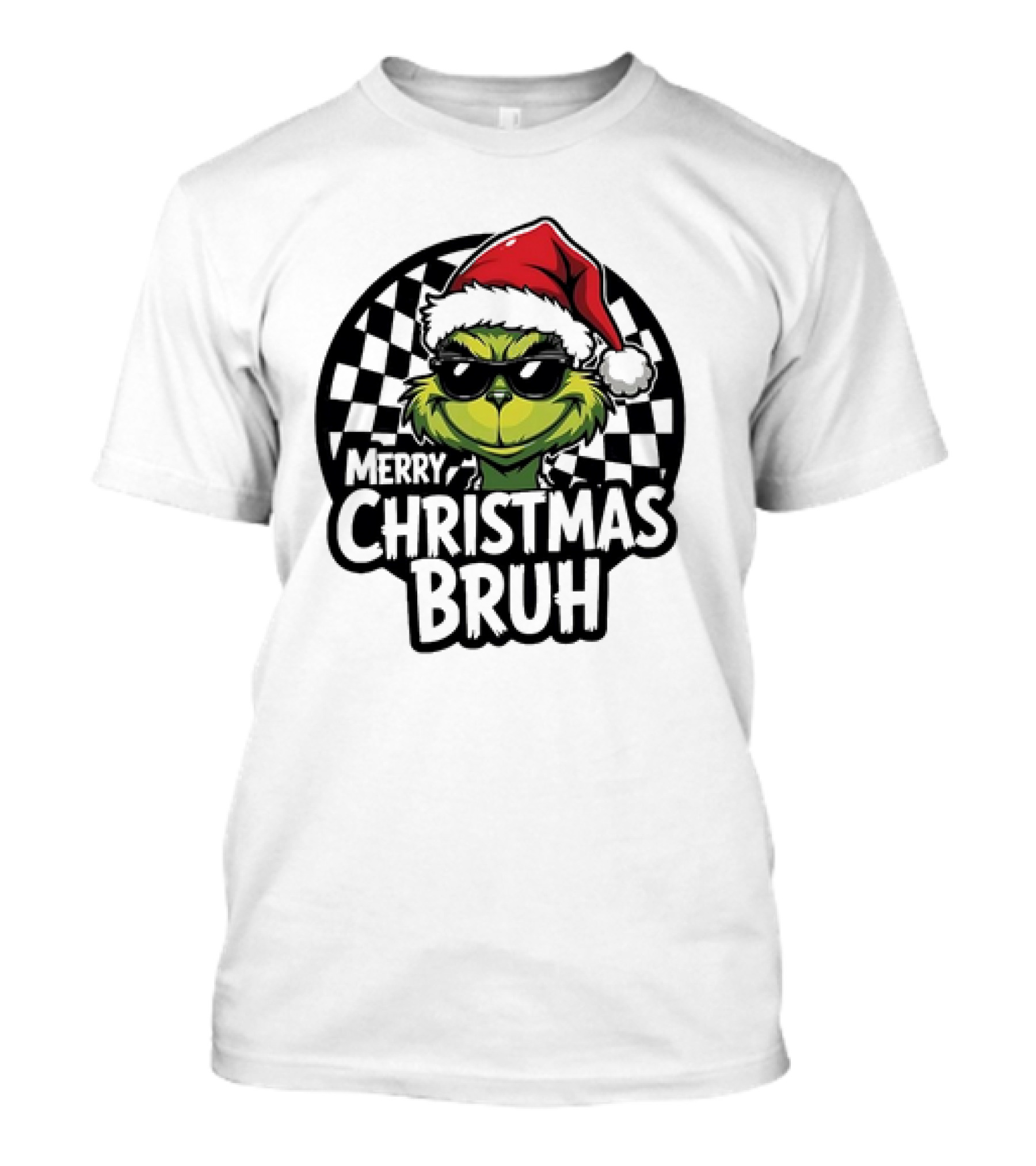 Merry Christmas Bruh Grinch With Santa Hat And Checkered Flags T-Shirt