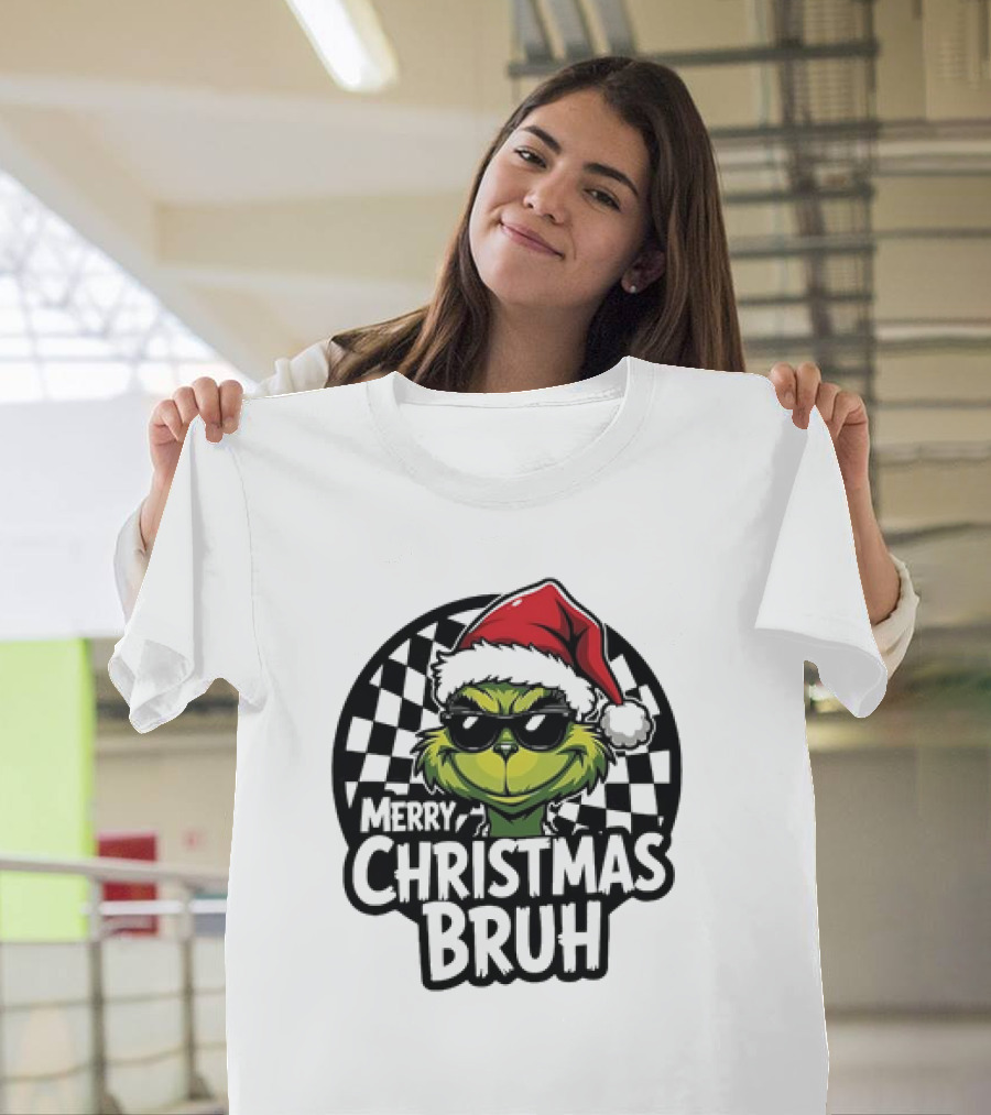 Merry Christmas Bruh Grinch With Santa Hat And Checkered Flags T-Shirt