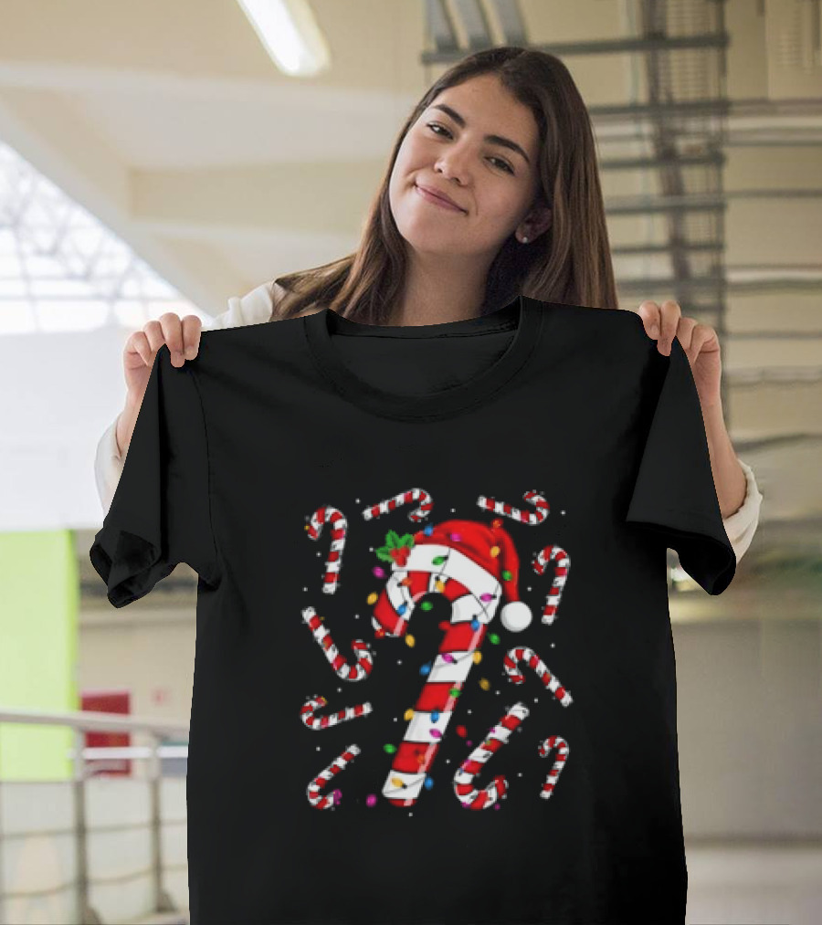 Santa Hat Red and White Candy Cane with Colorful Christmas Lights T-Shirt