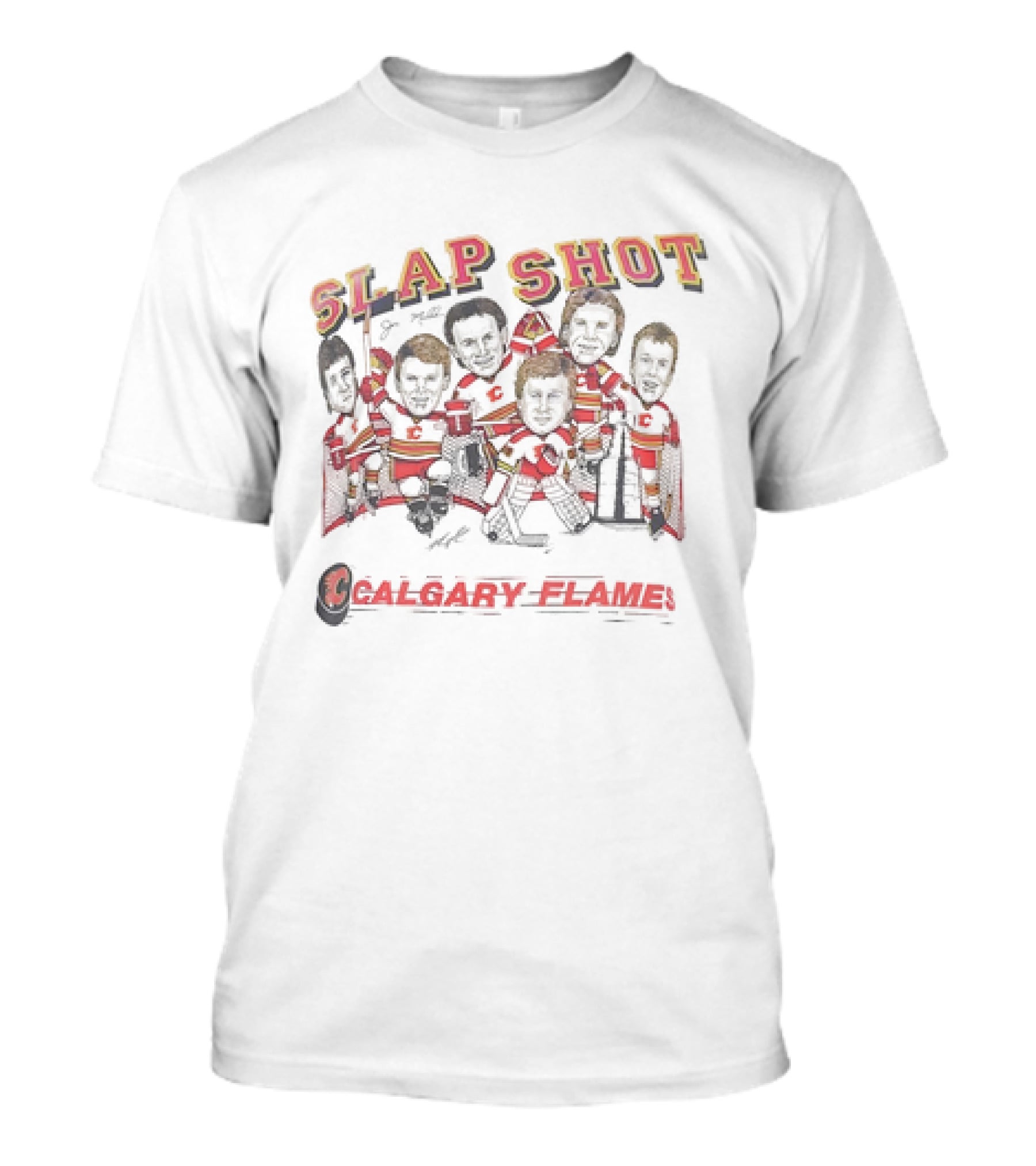 Calgary Flames NHL Hockey Team Slap Shot Caricature Vintage T-Shirt