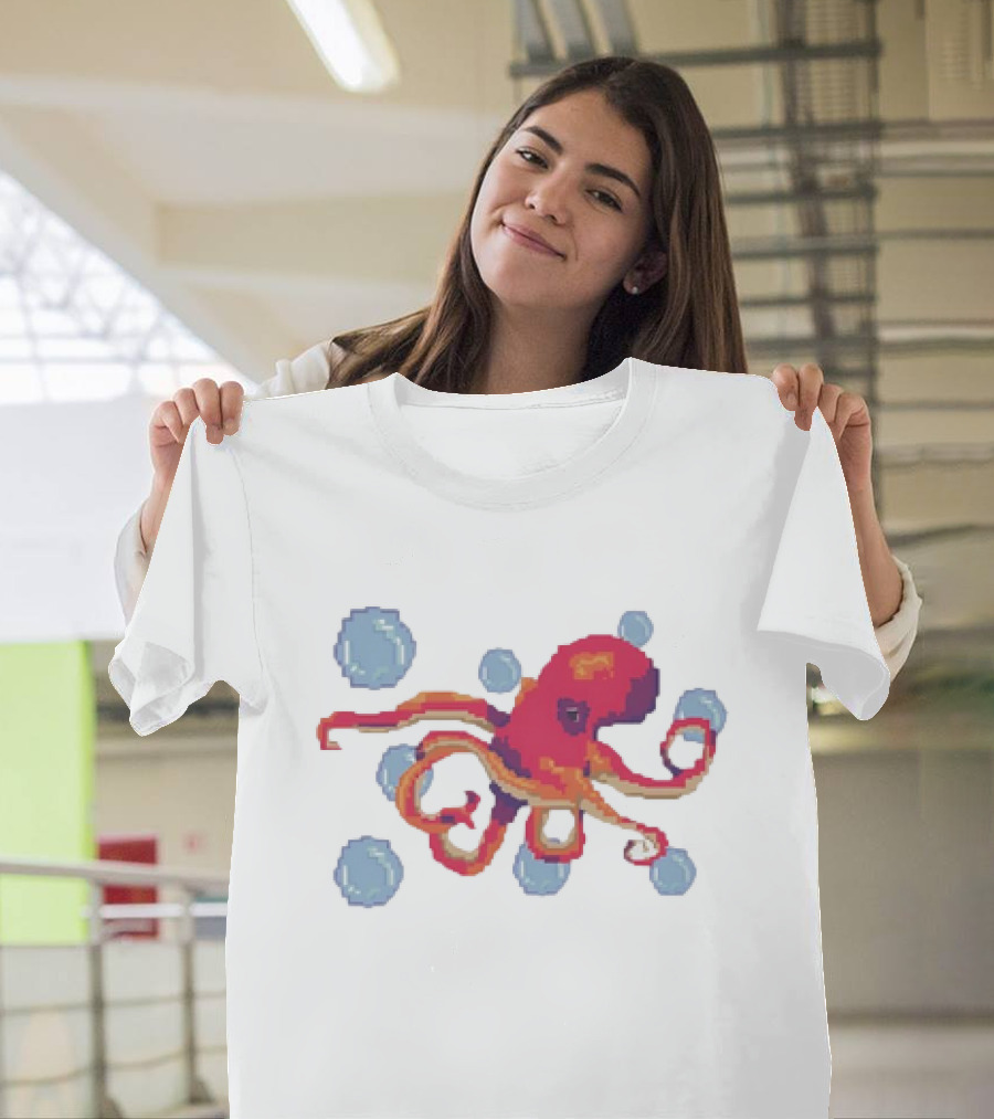Octopus Swimming Through Blue Bubbles Pixel T-Shirt