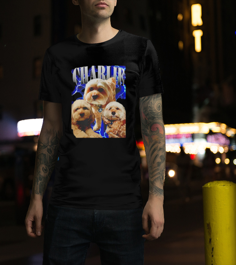 Charlie Three Dogs Blue Lightning Background T-Shirt