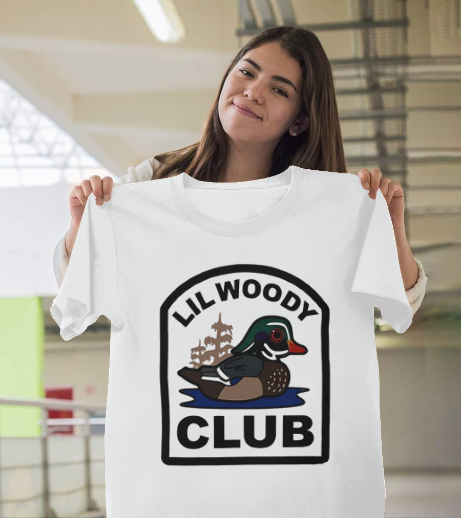 Lil Woody Club Duck Logo And Tree Background T-Shirt