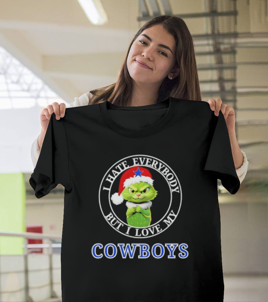 I Hate Everybody But I Love My Cowboys Grinchy Cat Christmas Santa Hat T-Shirt