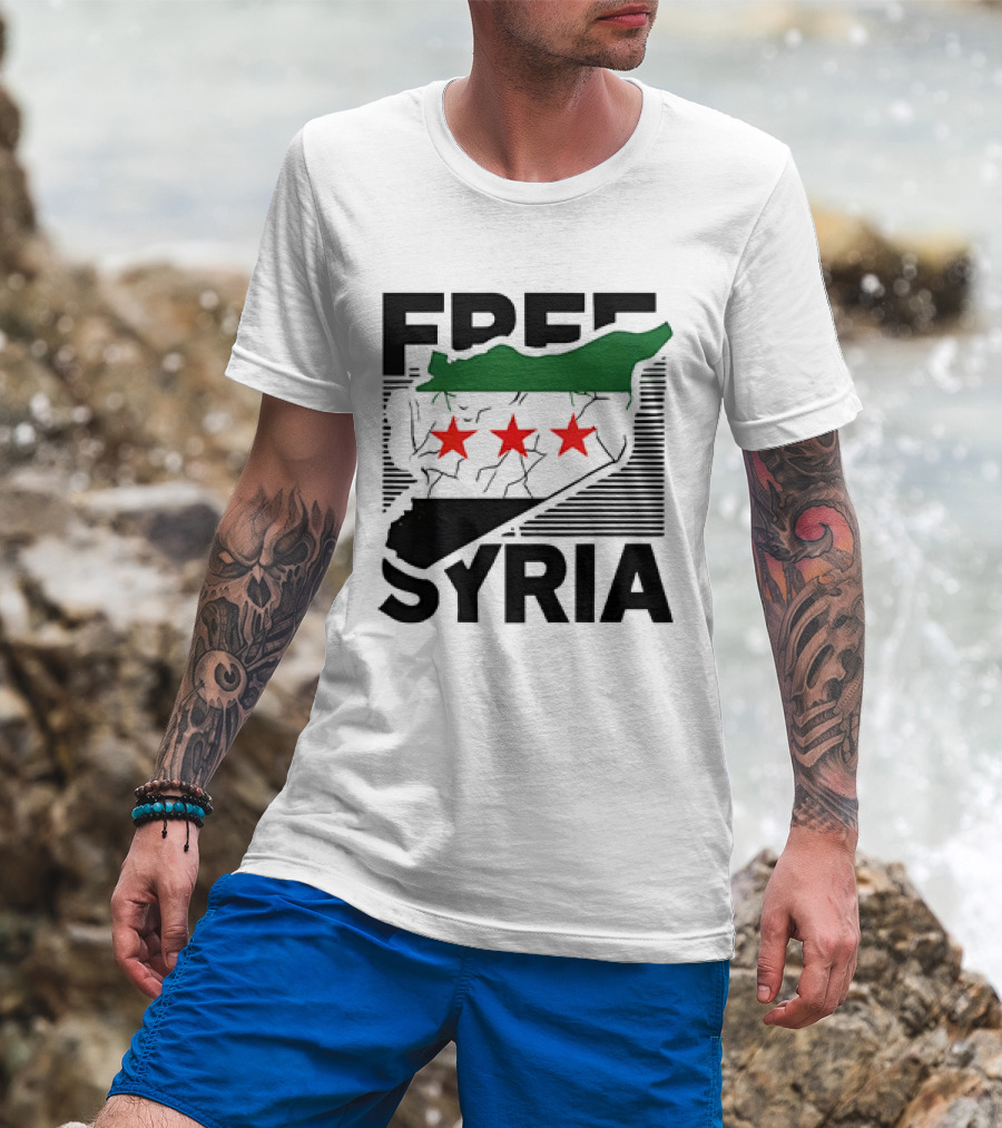 Free Syria Map With Flag Stripes And Red Stars T-Shirt