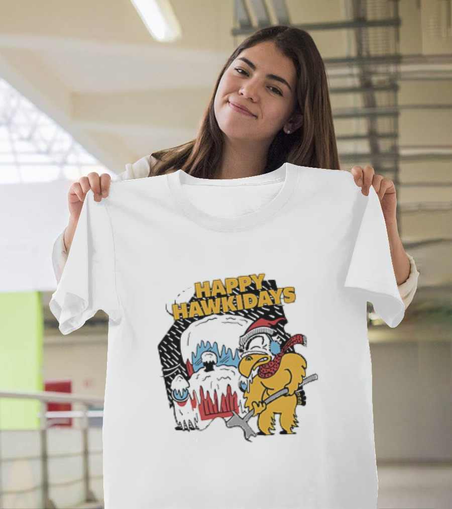 Happy Hawkidays Iowa Hawkeyes Frozen Mascot Holiday Fun T-Shirt