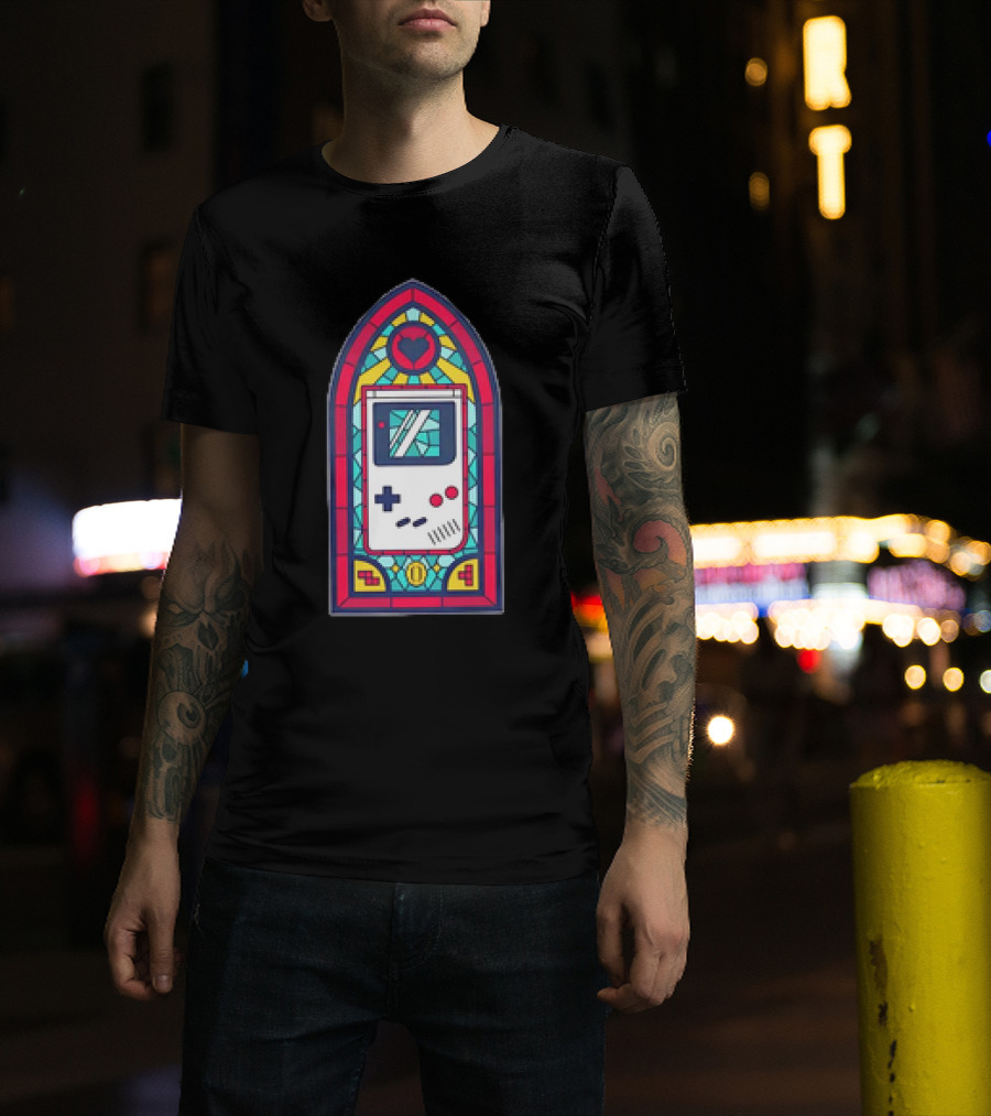 8-Bit Handheld Game Console Stained Glass Window Art With Heart T-Shirt