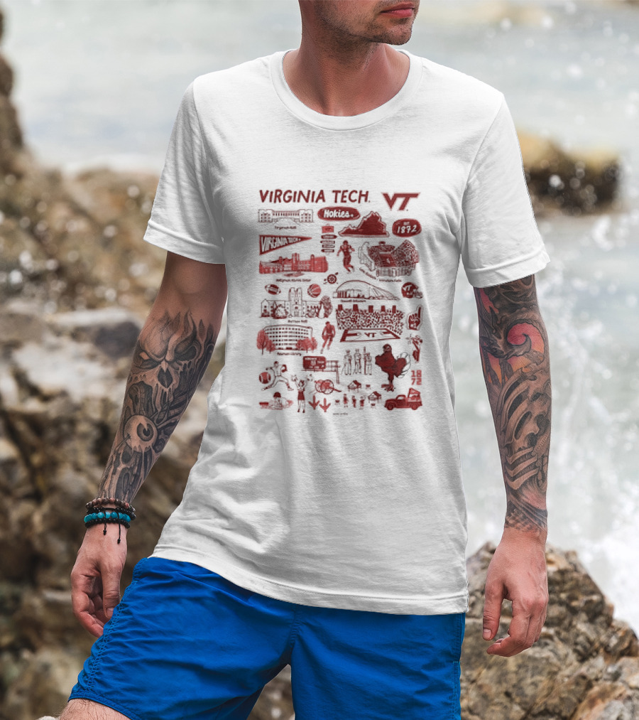 Virginia Tech Hokies VT 1872 Campus Map Lane Stadium Blacksburg Basketball Football HokieBird Burruss Hall Memorial Chapel Torgersen Bridge Monorail Library T-Shirt