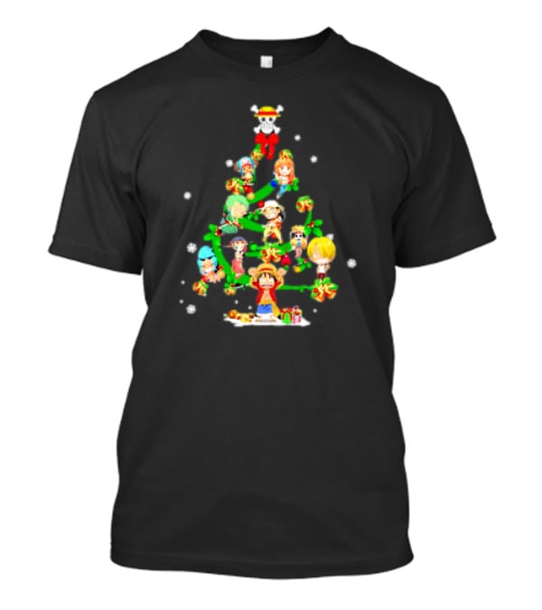 One Piece Chibi Characters Decorate Christmas Tree With Straw Hat Skull Topper T-Shirt