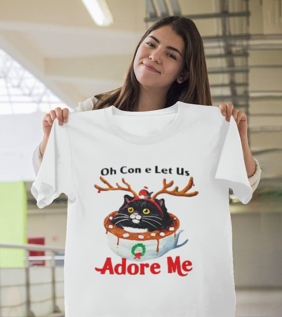 Oh Come Let Us Adore Me Cat In Reindeer Antlers T-Shirt