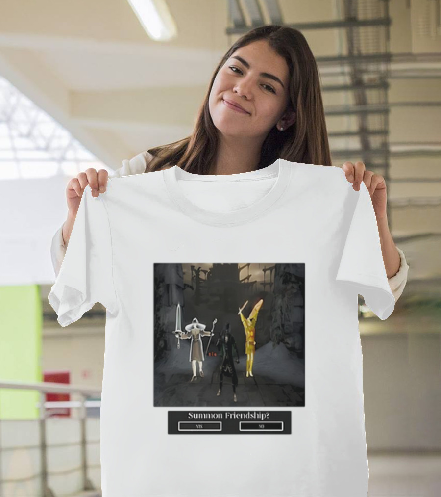 Summon Friendship? Yes No Characters With Swords And Wings T-Shirt