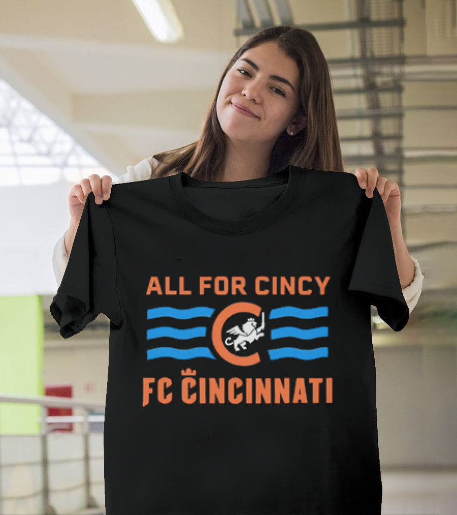 All For Cincy FC Cincinnati Winged Lion Logo With Blue Waves T-Shirt
