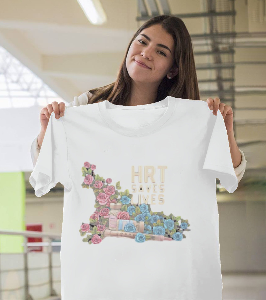 HRT Saves Lives Floral Design with Pink and Blue Roses and Medical Supplies T-Shirt