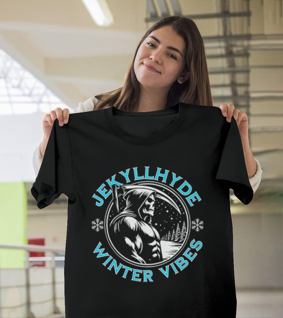 Jekyllhyde Winter Vibes Skeleton Hooded Figure Snowflakes Forest Scene T-Shirt