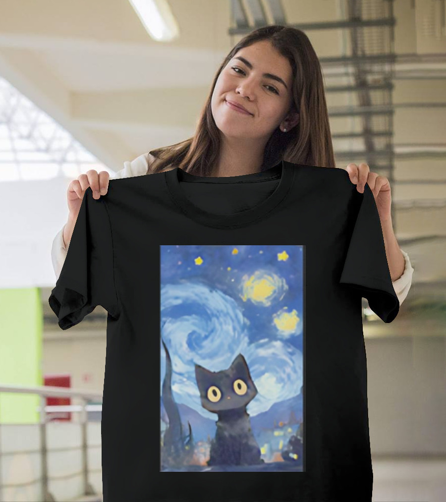 Vincent Van Gogh Starry Night Black Cat Whimsical T-Shirt