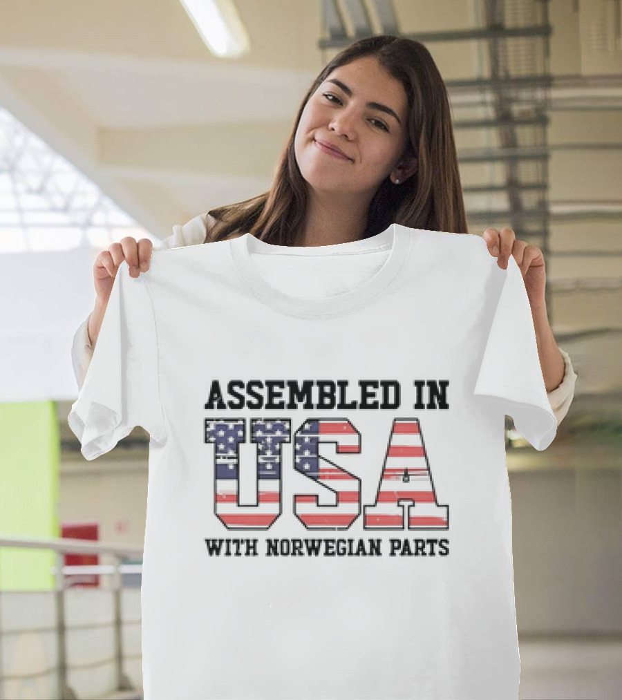 Assembled In USA Patriotic American Flag Design With Norwegian Parts T-Shirt