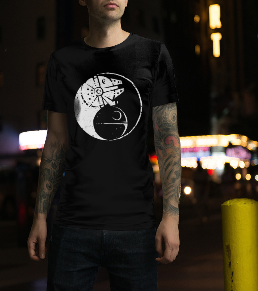 Millennium Falcon And Death Star Yin Yang Balancing The Force T-Shirt