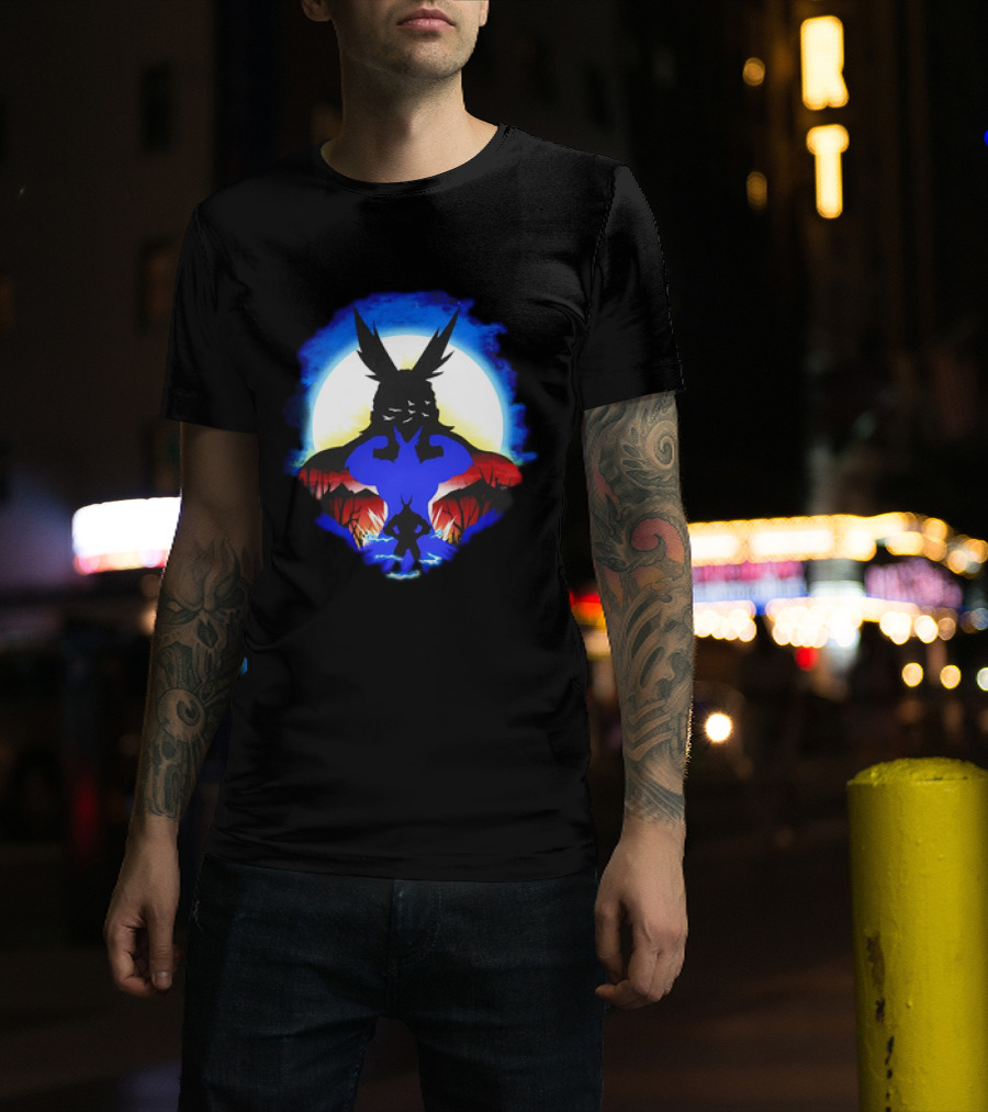 Midoriya And All Might Heroic Silhouettes In Vibrant Night Landscape T-Shirt