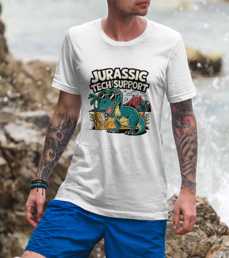 Jurassic Tech Support Dinosaur With Sunglasses And Volcano T-Shirt