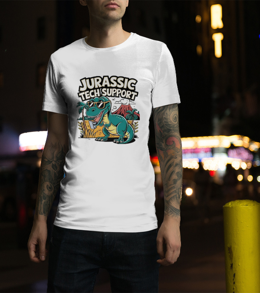 Jurassic Tech Support Dinosaur With Sunglasses And Volcano T-Shirt