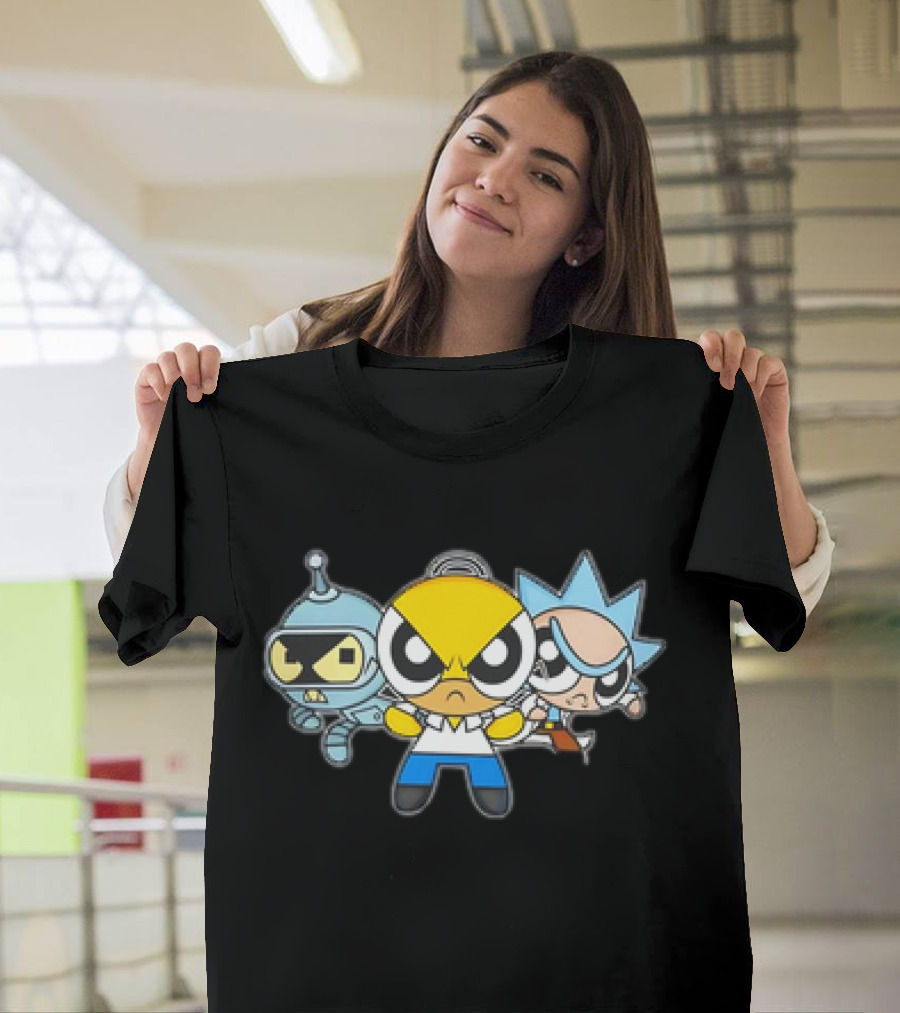 Bender Homer Rick Powerpuff Girls Drunkenpuff Guys Crossover T-Shirt