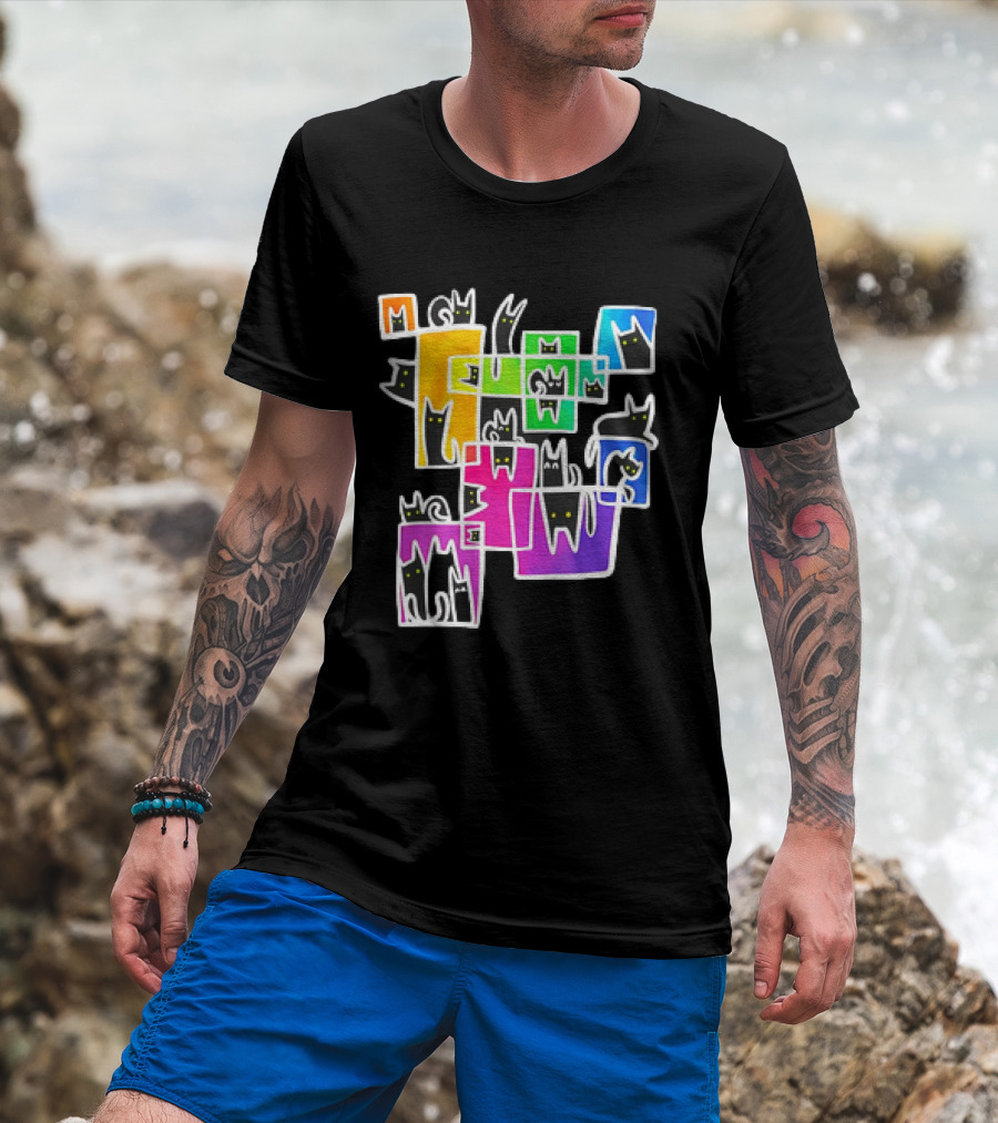 Cats Kitty Warp Rainbow Tetris Blocks T-Shirt