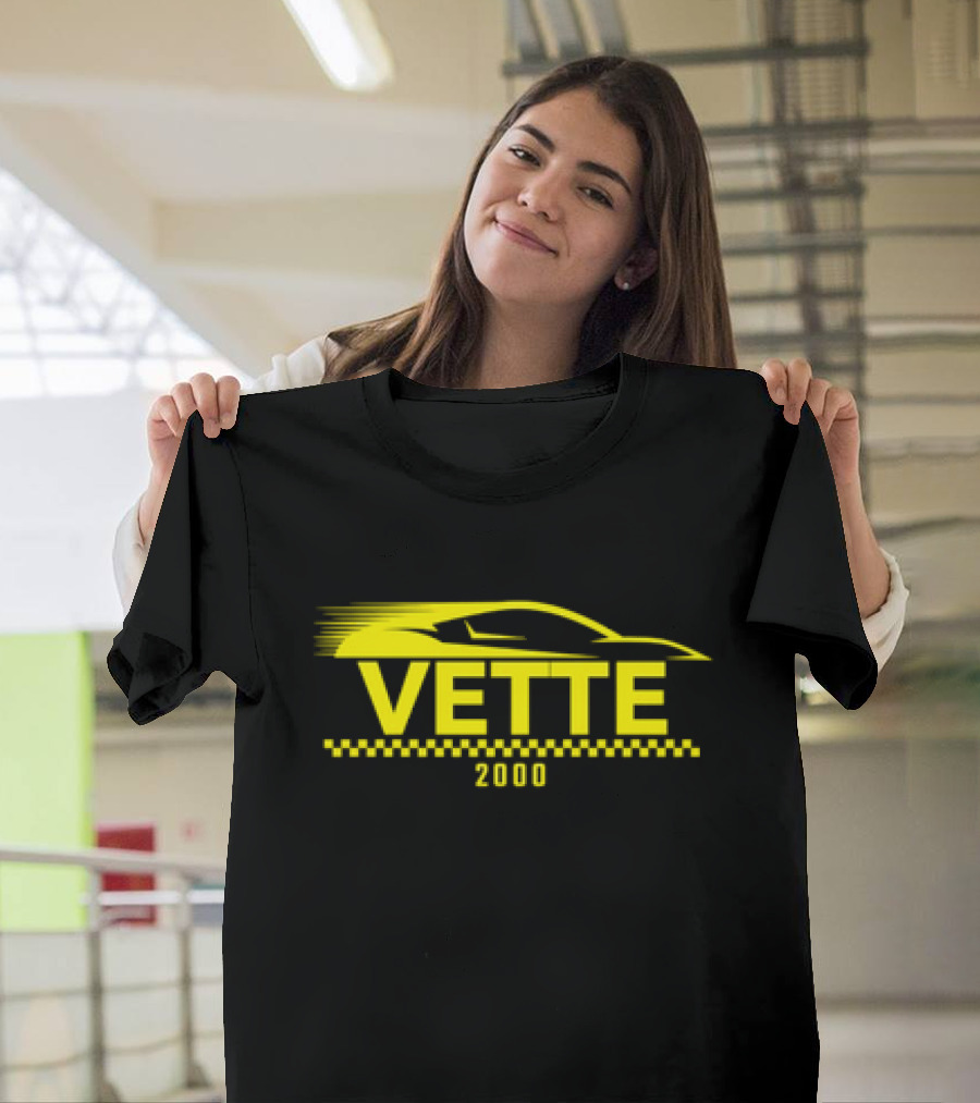 Vette 2000 Sports Car Yellow Silhouette And Checkered Stripe T-Shirt