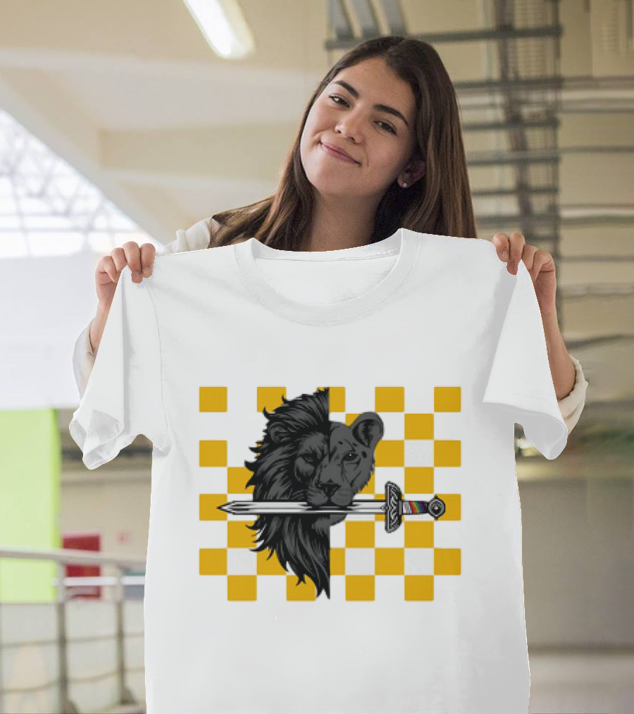 The Pride Classic Lion with Sword and Yellow Checkered Background T-Shirt