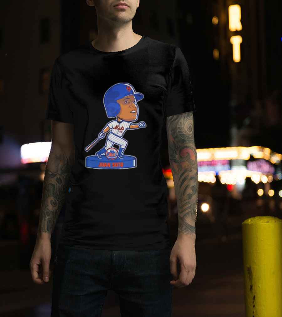 Juan Soto New York Mets Bobblehead Cartoon Mets Logo Baseball T-Shirt
