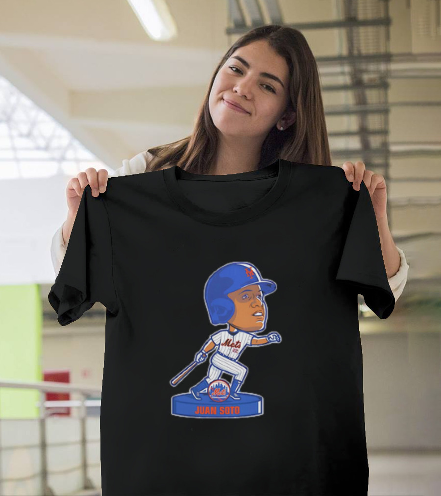 Juan Soto New York Mets Bobblehead Cartoon Mets Logo Baseball T-Shirt