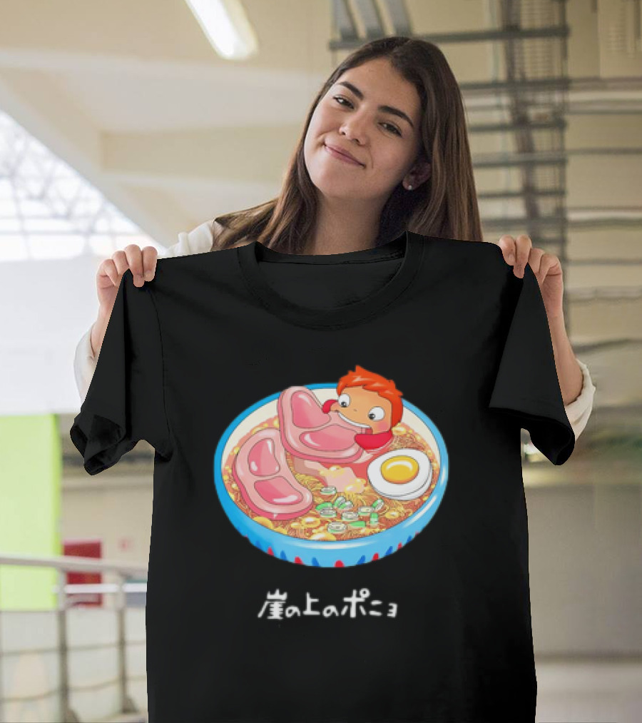 Ponyo Swims in Ramen Bowl with Egg and Noodles Japanese Text T-Shirt