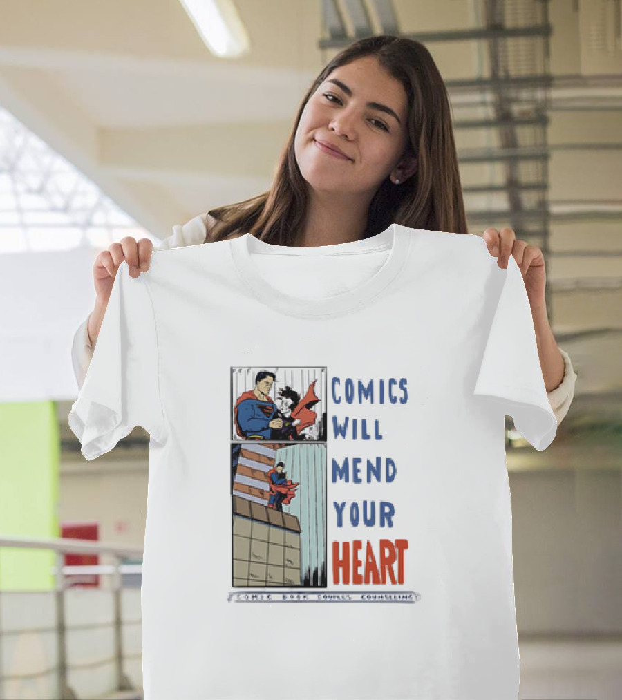 Comics Will Mend Your Heart Comic Book Couples Counseling Iconic Characters Embrace T-Shirt