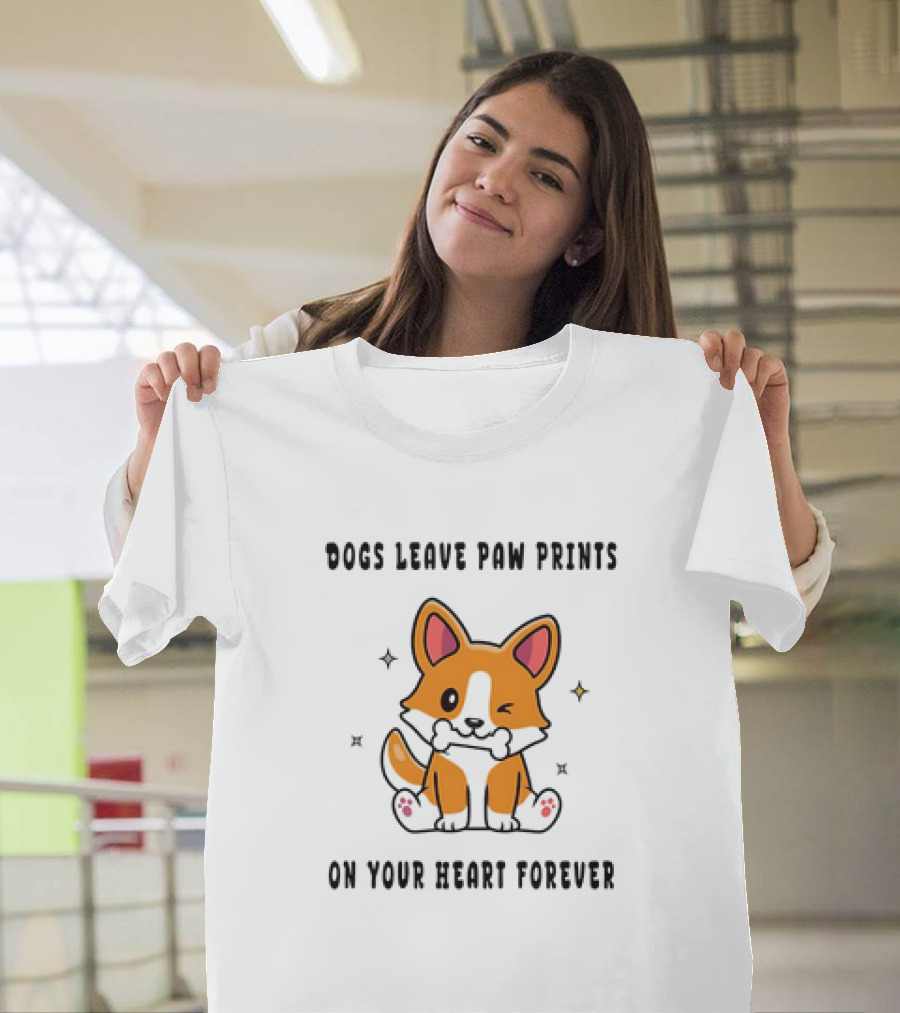 Dogs Leave Paw Prints On Your Heart Forever Shiba Inu Illustration With Bone And Stars T-Shirt