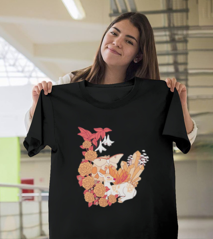 Mystical Forest Fawn Surrounded By Roses And Butterflies T-Shirt