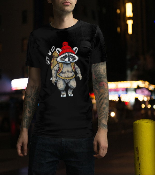 Get Wld Raccoon With Backpack And Red Beanie T-Shirt